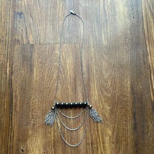 **Anthropologie Faux Black Pearl Necklace with Tassels and Tiered Silver Chain**